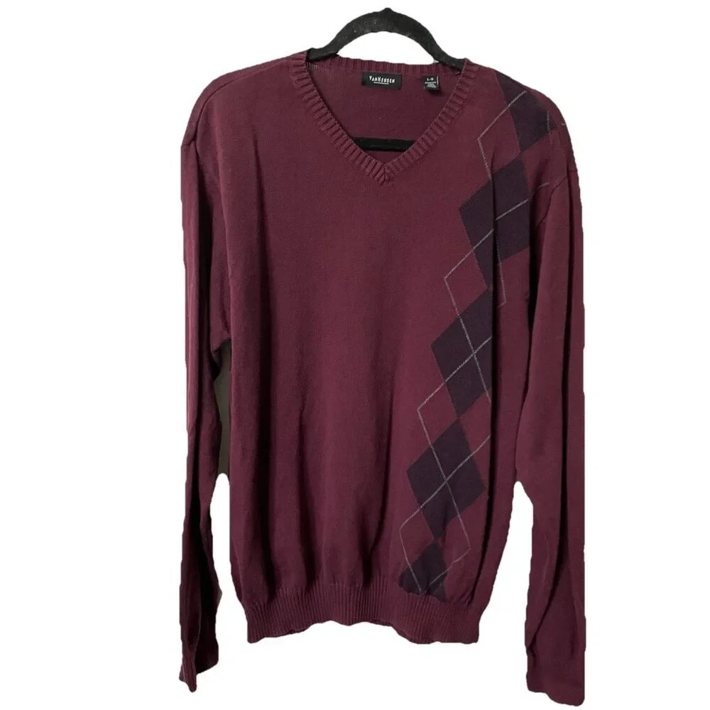 Vintage Van Heusen Sweater Mens L Cotton Argyle Grandpa Cabin Preppy Cozy - Picture 1 of 5